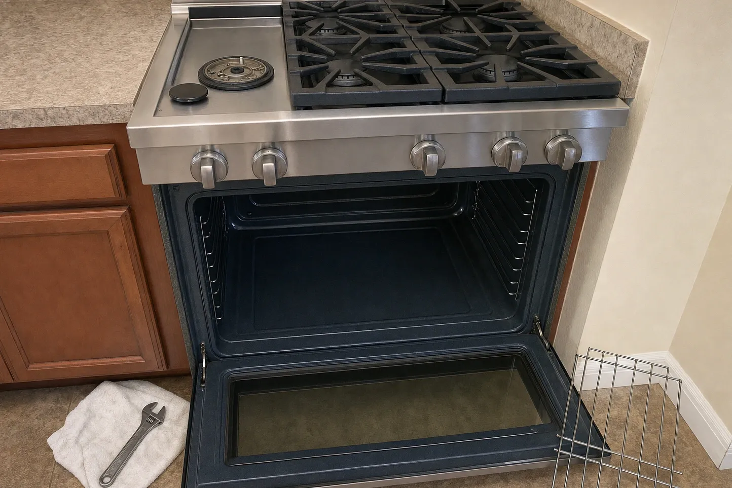 Gas range with the oven door fully open on an empty cavity, the rack rails bare, an oven rack propped against the wall and a wrench on a towel on the floor