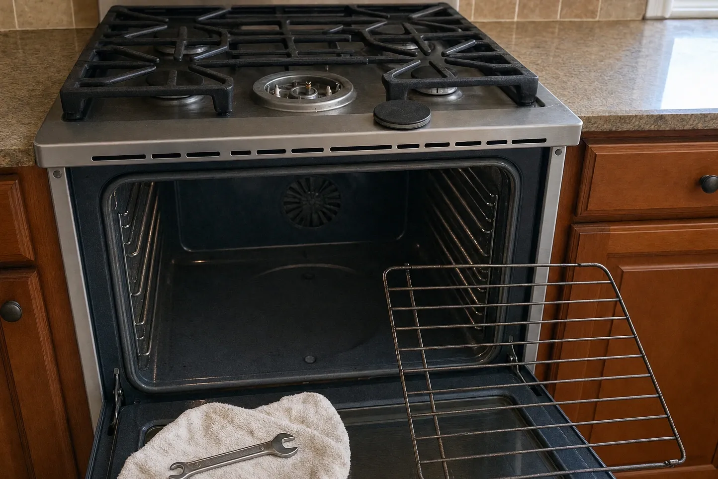 Cast-iron grates with the centre burner stripped to its electrode and brass orifice, oven door open and a rack resting part-way out